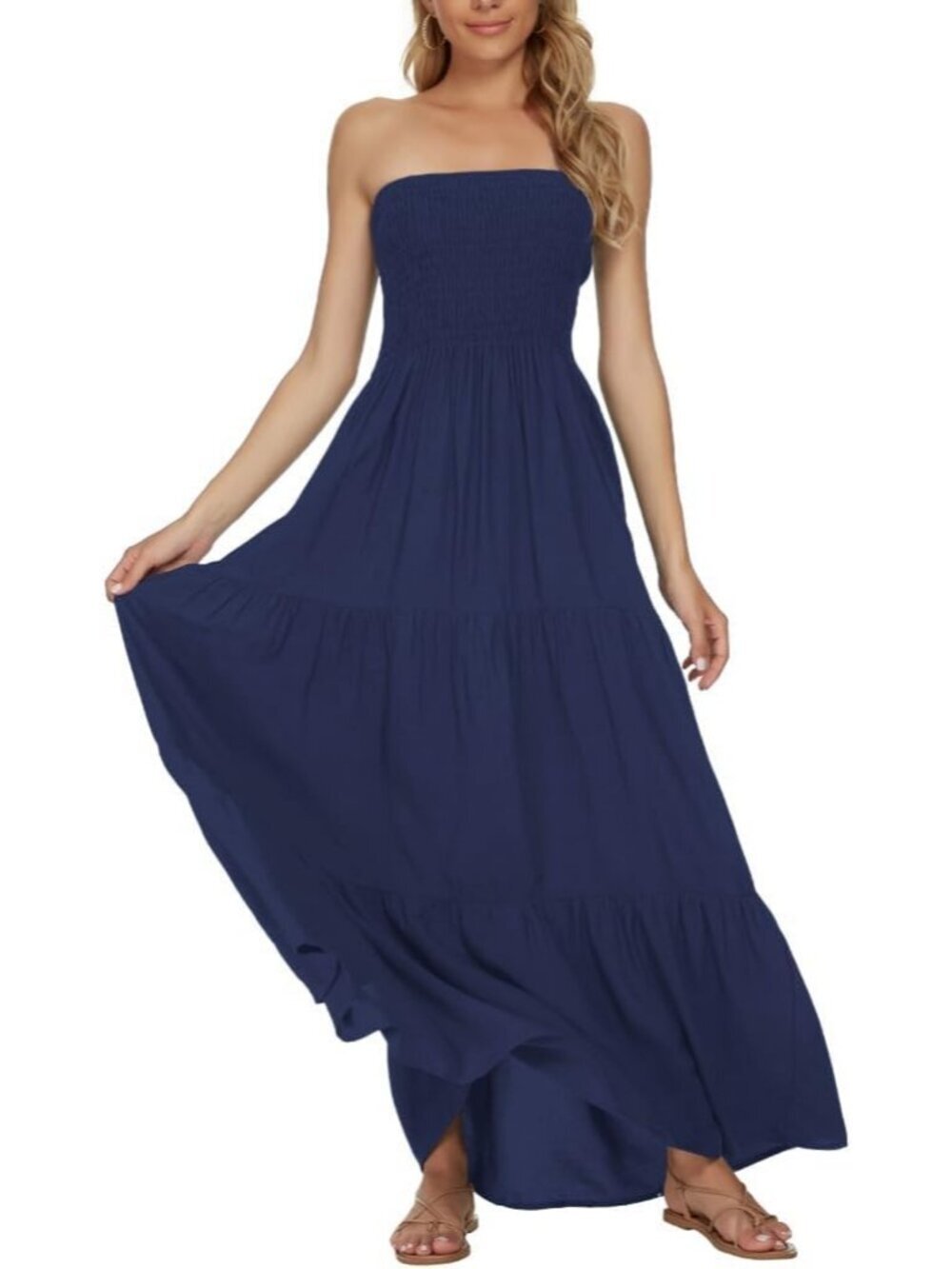 Women's Navy Summer Strapless Tube Top Off Shoulder Boho Beach Long Maxi Dress
